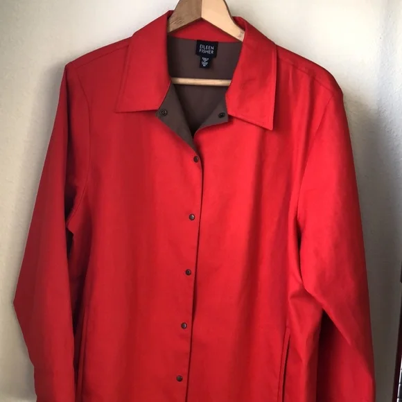 Eileen Fisher Red Trench Coat with Notched Lapels - Picture 3 of 12